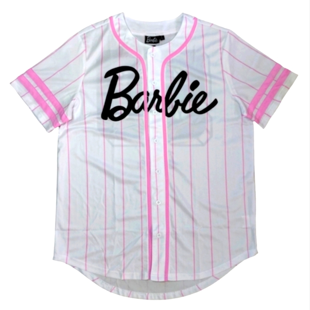 Barbie White and Pink Striped Button-Down Jersey Top